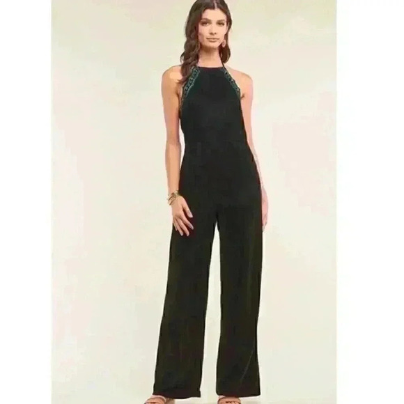 BLACK SUEDE Eyelet Embroidered Trim Self-Tie Halter Neck Open Back Jumpsuit - Picture 1 of 8